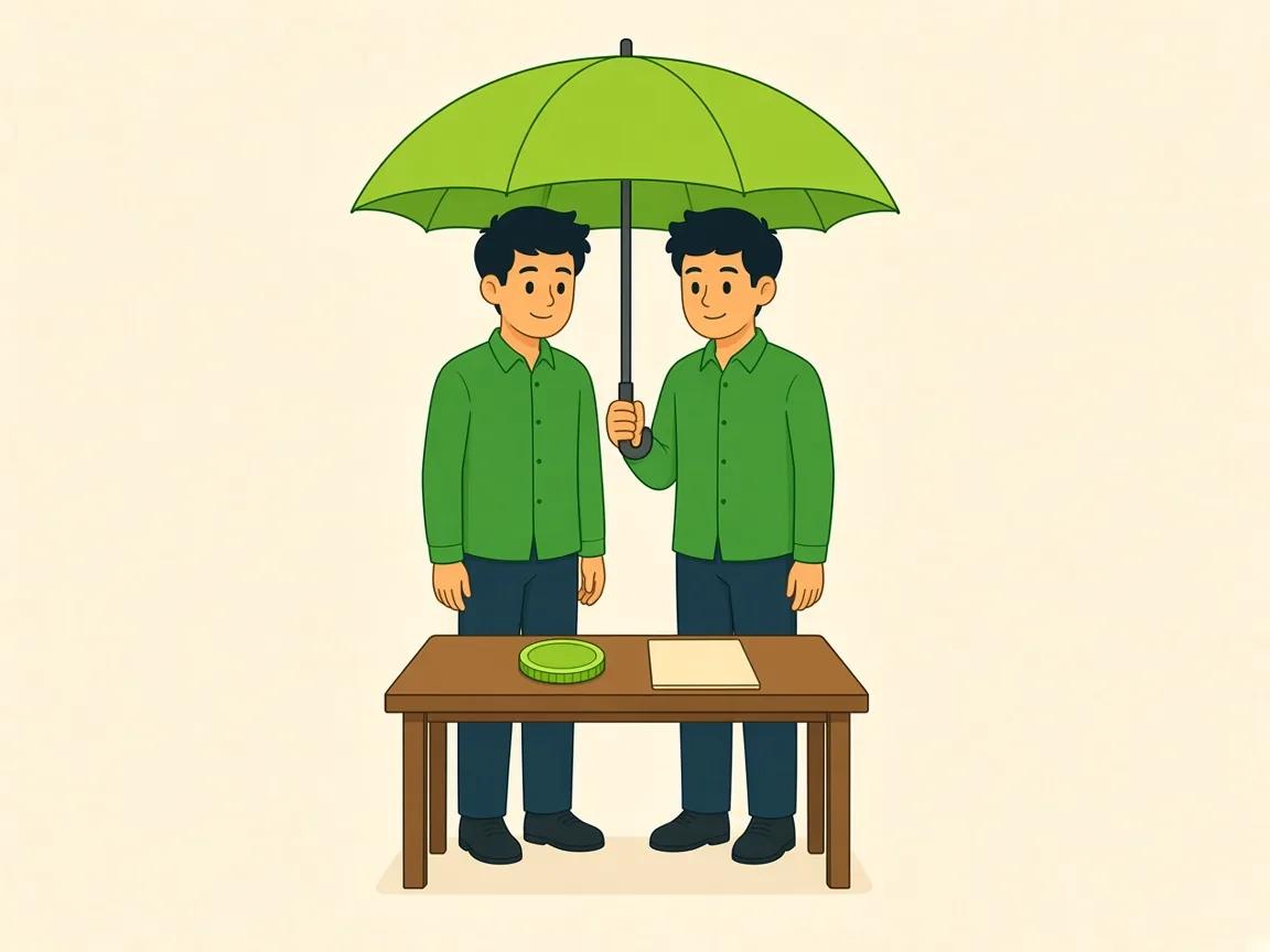 Two members discussing a plan beneath a green umbrella