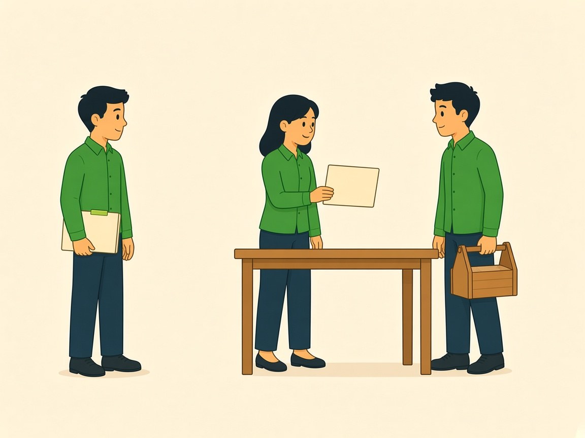 A connector with a folder stands aside while two people face each other at a table.