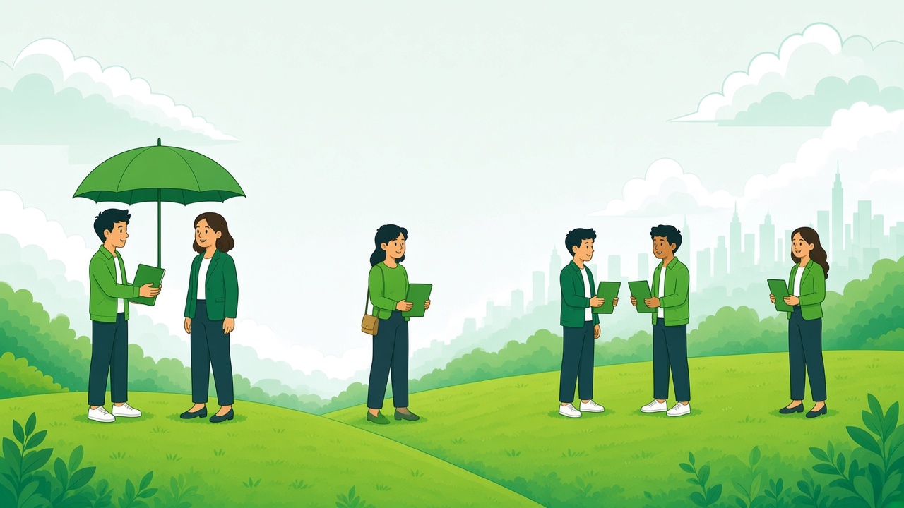 Separate pairs of people each hold their own green folder on a hill, and one pair stands under a green umbrella.