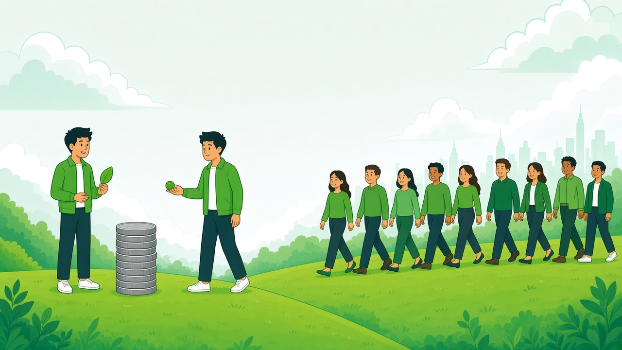 One person holds a small green coin and a leaf, while a tall stack of coins sits unused and a line of people walks on.