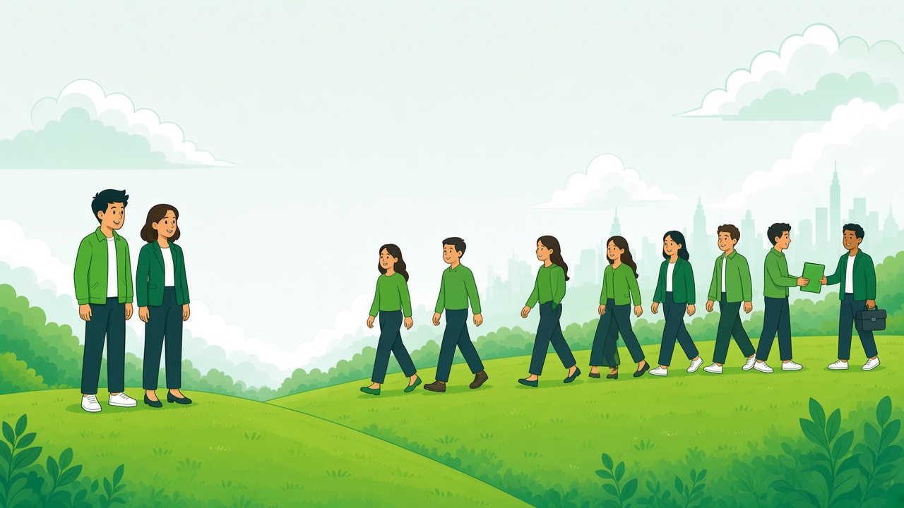 Two people stand on one hill while a line of people carries a green folder across the hills to someone with a toolbox.